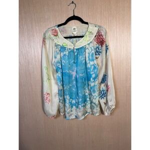 TINY Floral Print Long Sleeve Blouse Size S Blue Beige Women's Top
